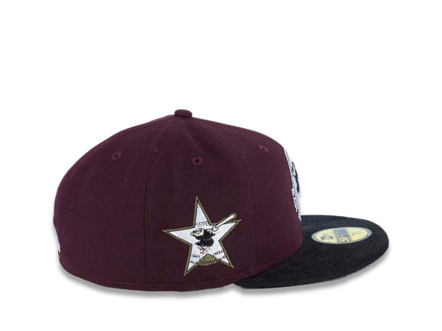 (Corduroy Visor) San Diego Padres New Era MLB 59FIFTY 5950 Fitted Cap Hat Maroon Crown Black Visor Swinging Friar Logo 1978 All-Star Game Side Patch