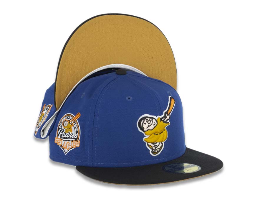 San Diego Padres New Era MLB 59FIFTY 5950 Fitted Cap Hat Royal Blue Crown Black Visor Gold Swinging Friar Logo 40th Anniversary Side Patch