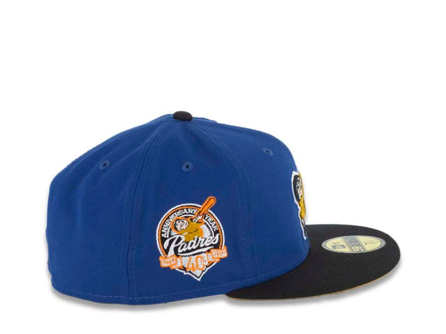 San Diego Padres New Era MLB 59FIFTY 5950 Fitted Cap Hat Royal Blue Crown Black Visor Gold Swinging Friar Logo 40th Anniversary Side Patch