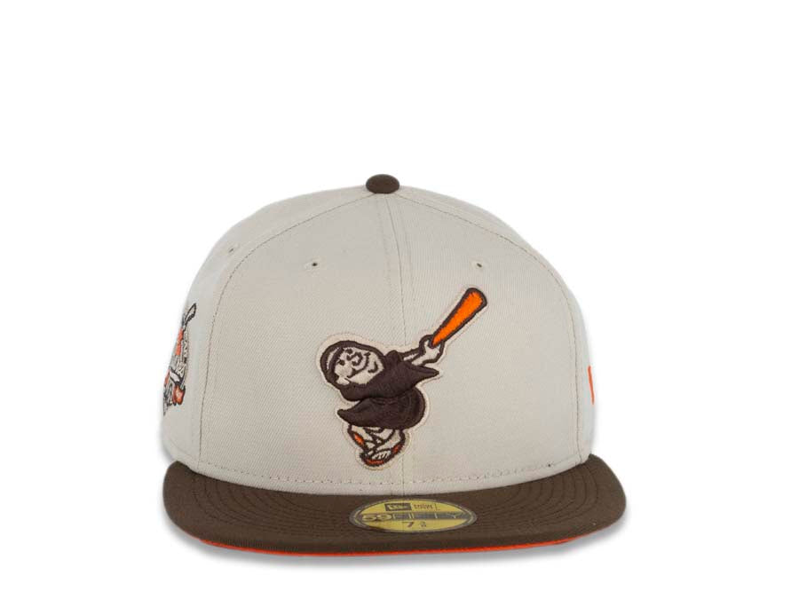 San Diego Padres New Era MLB 59FIFTY 5950 Fitted Cap Hat Stone White Crown Brown Visor Brown/Orange Swinging Friar Logo 40th Anniversary Side Patch