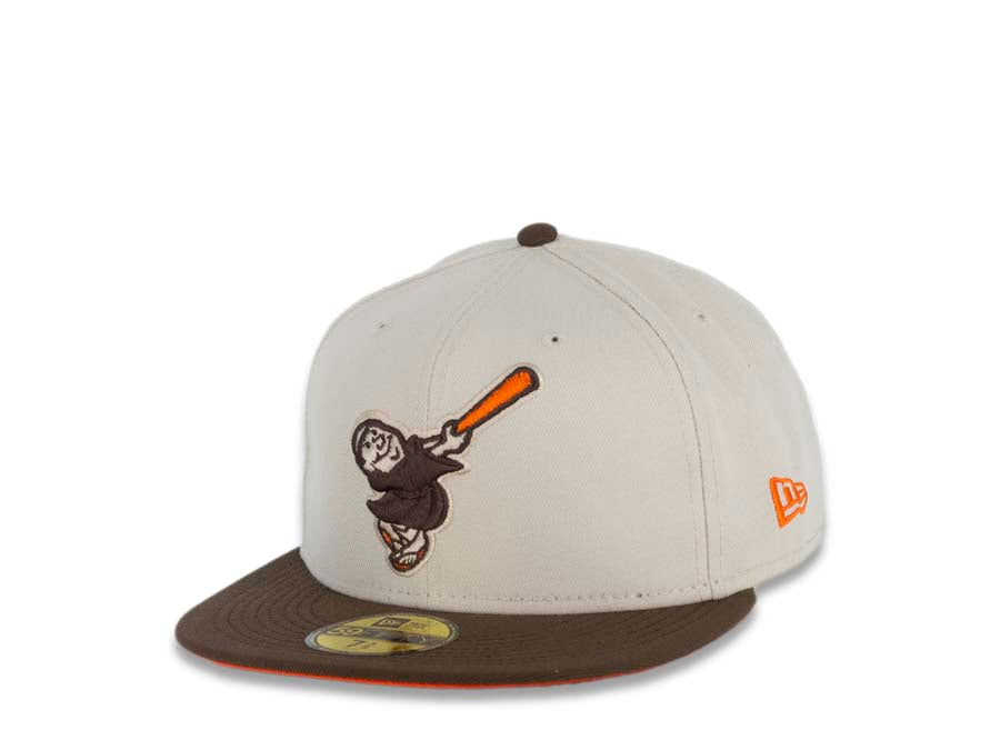 San Diego Padres New Era MLB 59FIFTY 5950 Fitted Cap Hat Stone White Crown Brown Visor Brown/Orange Swinging Friar Logo 40th Anniversary Side Patch
