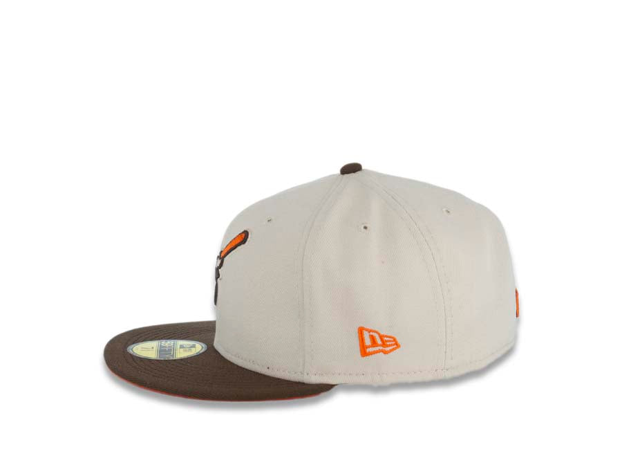 San Diego Padres New Era MLB 59FIFTY 5950 Fitted Cap Hat Stone White Crown Brown Visor Brown/Orange Swinging Friar Logo 40th Anniversary Side Patch