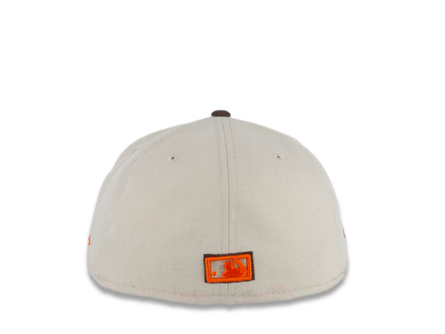 San Diego Padres New Era MLB 59FIFTY 5950 Fitted Cap Hat Stone White Crown Brown Visor Brown/Orange Swinging Friar Logo 40th Anniversary Side Patch