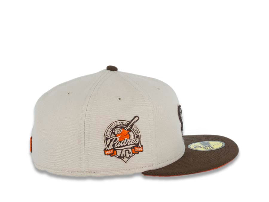 San Diego Padres New Era MLB 59FIFTY 5950 Fitted Cap Hat Stone White Crown Brown Visor Brown/Orange Swinging Friar Logo 40th Anniversary Side Patch