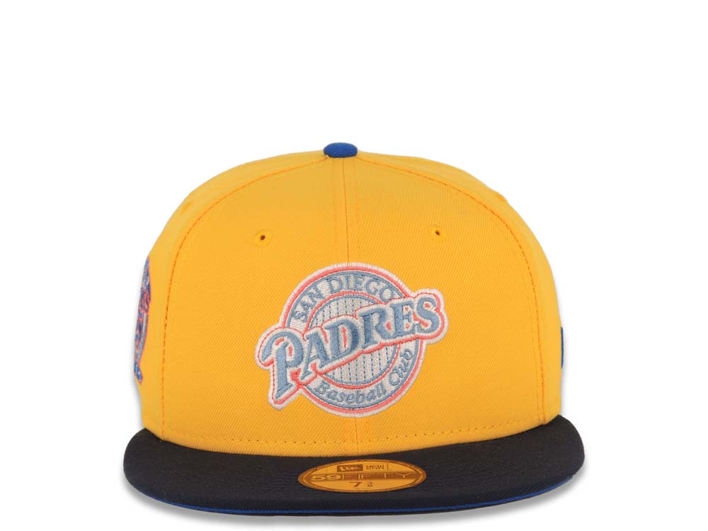 San Diego Padres New Era MLB 59FIFTY 5950 Fitted Cap Hat Yellow Crown Navy Visor Sky Blue Baseball Club Logo 25th Anniversary Side Patch Royal UV