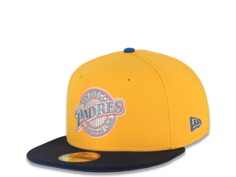 San Diego Padres New Era MLB 59FIFTY 5950 Fitted Cap Hat Yellow Crown Navy Visor Sky Blue Baseball Club Logo 25th Anniversary Side Patch Royal UV