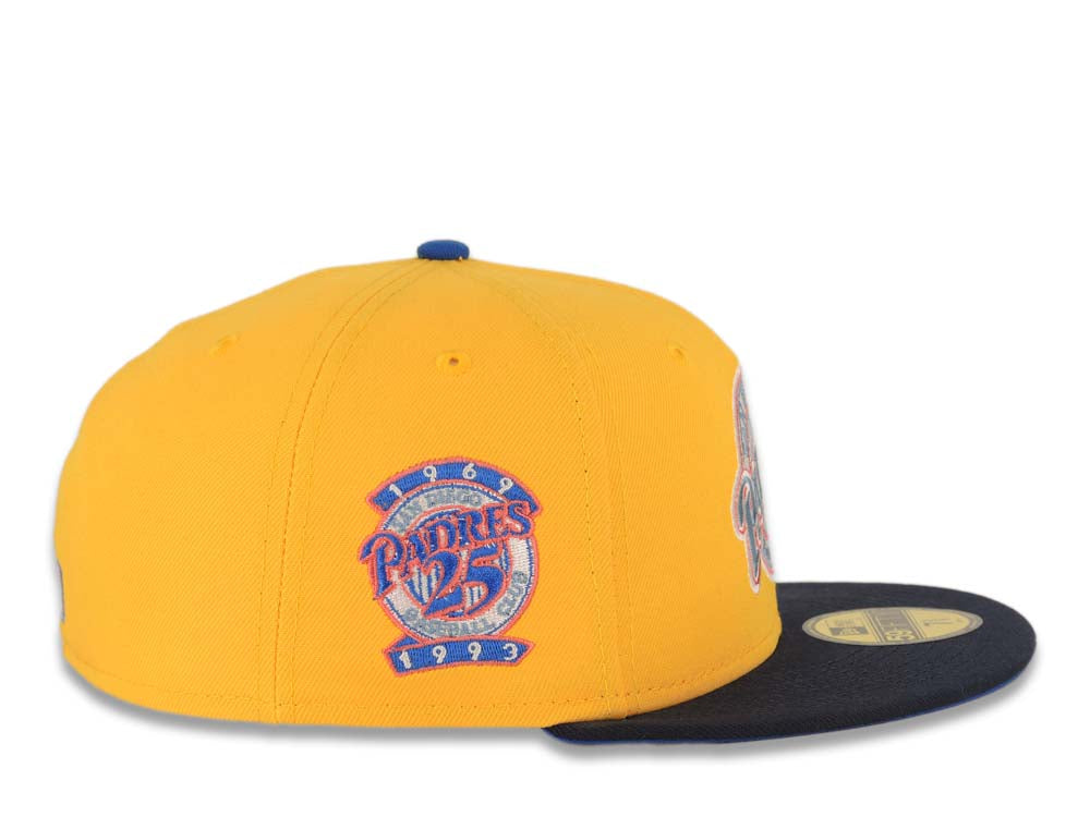 San Diego Padres New Era MLB 59FIFTY 5950 Fitted Cap Hat Yellow Crown Navy Visor Sky Blue Baseball Club Logo 25th Anniversary Side Patch Royal UV