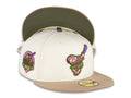 San Diego Padres New Era MLB 59FIFTY 5950 Fitted Cap Hat Cream Crown Khaki Visor Olive Green/Purple Swinging Friar Logo 40th Anniversary Side Patch