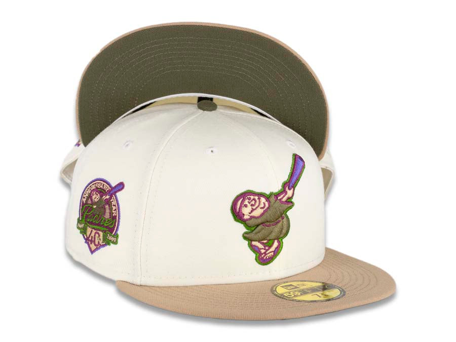 San Diego Padres New Era MLB 59FIFTY 5950 Fitted Cap Hat Cream Crown Khaki Visor Olive Green/Purple Swinging Friar Logo 40th Anniversary Side Patch
