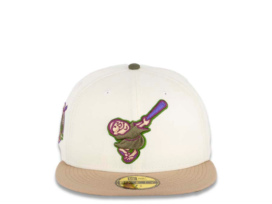 San Diego Padres New Era MLB 59FIFTY 5950 Fitted Cap Hat Cream Crown Khaki Visor Olive Green/Purple Swinging Friar Logo 40th Anniversary Side Patch