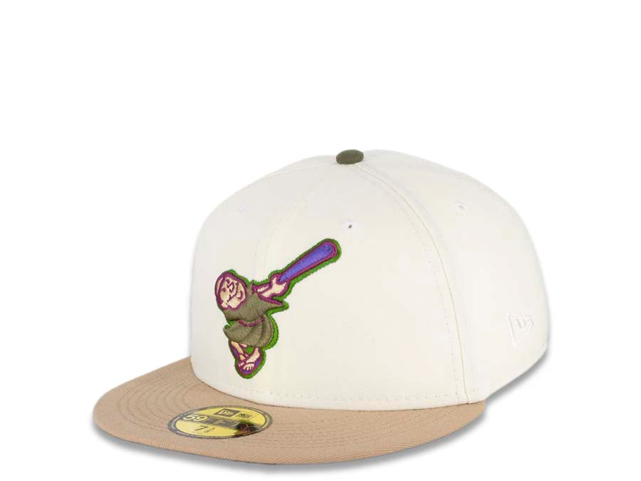 San Diego Padres New Era MLB 59FIFTY 5950 Fitted Cap Hat Cream Crown Khaki Visor Olive Green/Purple Swinging Friar Logo 40th Anniversary Side Patch