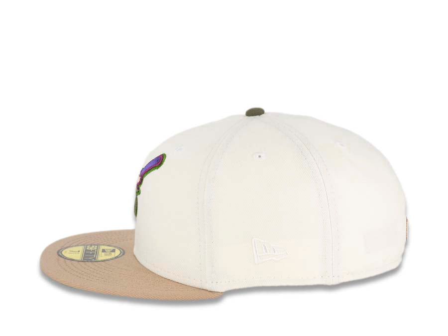 San Diego Padres New Era MLB 59FIFTY 5950 Fitted Cap Hat Cream Crown Khaki Visor Olive Green/Purple Swinging Friar Logo 40th Anniversary Side Patch