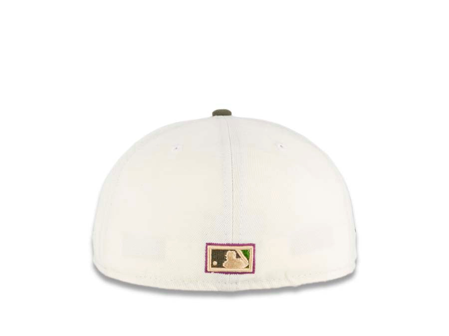 San Diego Padres New Era MLB 59FIFTY 5950 Fitted Cap Hat Cream Crown Khaki Visor Olive Green/Purple Swinging Friar Logo 40th Anniversary Side Patch