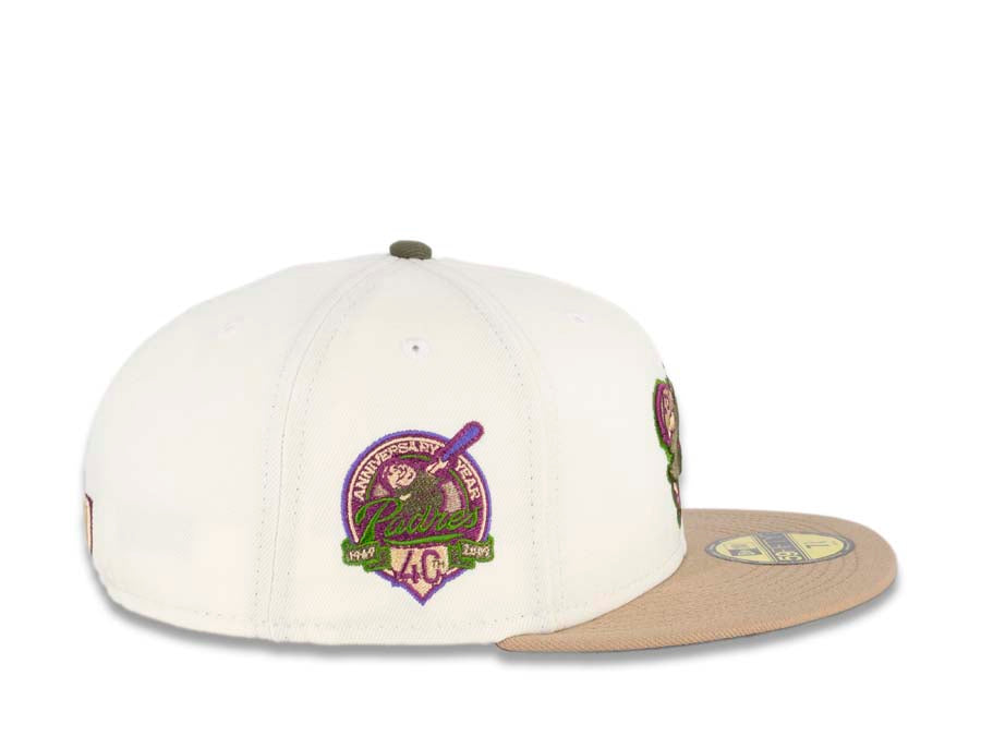 San Diego Padres New Era MLB 59FIFTY 5950 Fitted Cap Hat Cream Crown Khaki Visor Olive Green/Purple Swinging Friar Logo 40th Anniversary Side Patch