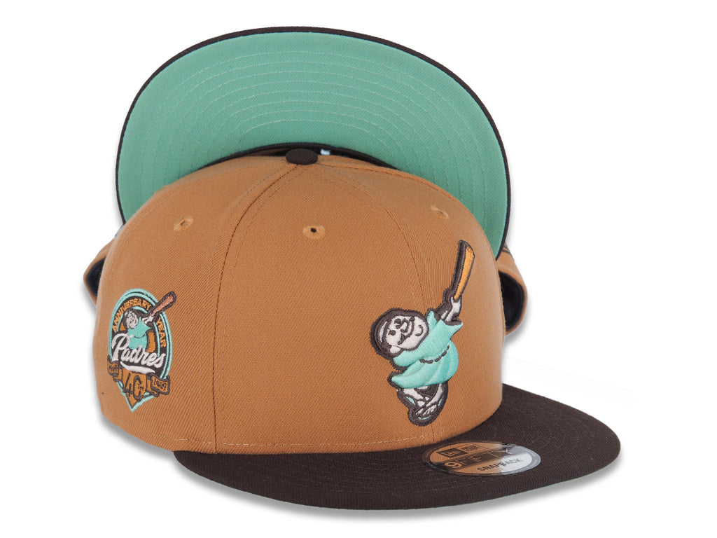 San Diego Padres New Era MLB 9FIFTY 950 Snapback Cap Hat Light Brown Crown Dark Brown Visor Light Teal Swinging Friar Logo 40th Anniversary Side Patch