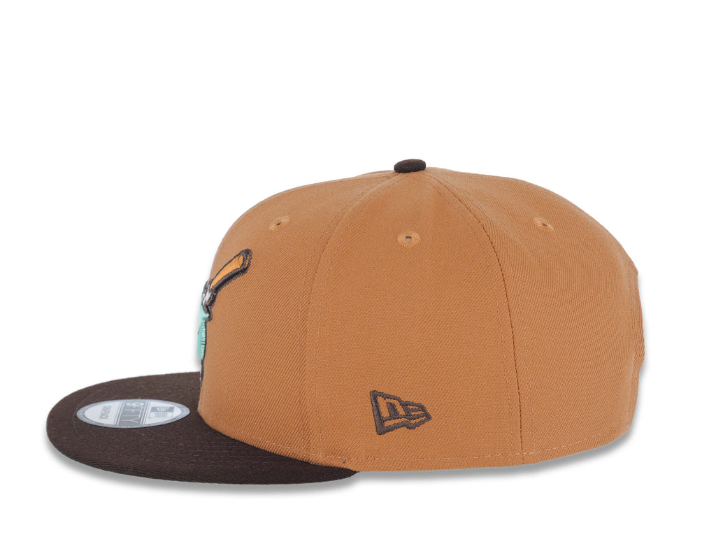 San Diego Padres New Era MLB 9FIFTY 950 Snapback Cap Hat Light Brown Crown Dark Brown Visor Light Teal Swinging Friar Logo 40th Anniversary Side Patch