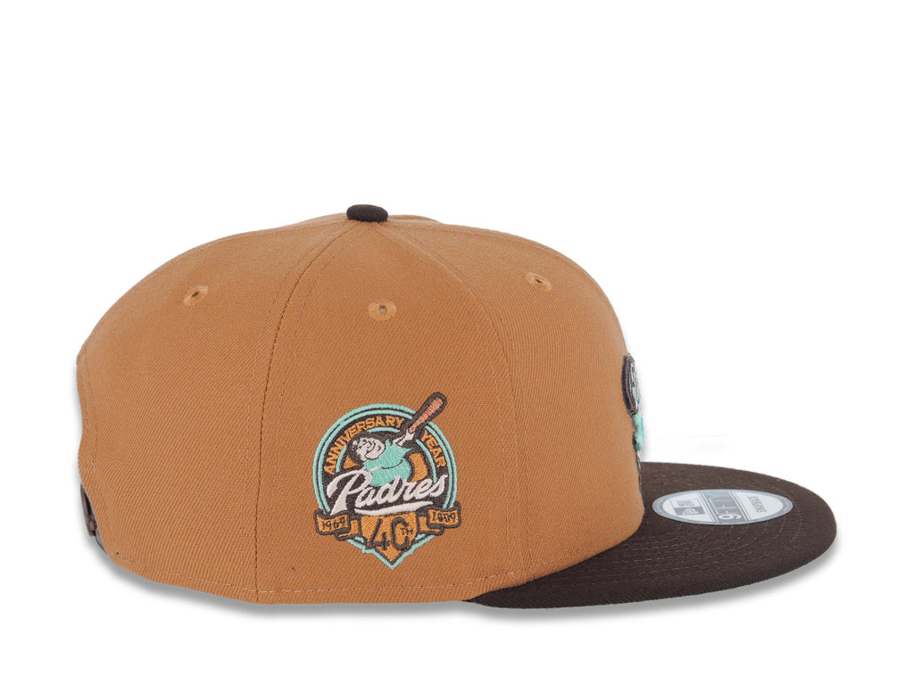 San Diego Padres New Era MLB 9FIFTY 950 Snapback Cap Hat Light Brown Crown Dark Brown Visor Light Teal Swinging Friar Logo 40th Anniversary Side Patch