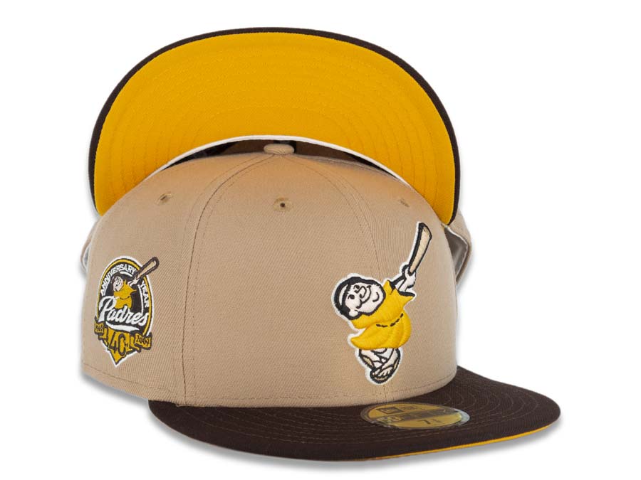 San Diego Padres New Era MLB 59FIFTY 5950 Fitted Cap Hat Camel Crown Brown Visor Yellow/Khaki Swinging Friar Logo 40th Anniversary Side Patch