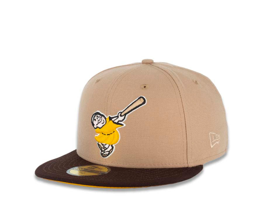 San Diego Padres New Era MLB 59FIFTY 5950 Fitted Cap Hat Camel Crown Brown Visor Yellow/Khaki Swinging Friar Logo 40th Anniversary Side Patch