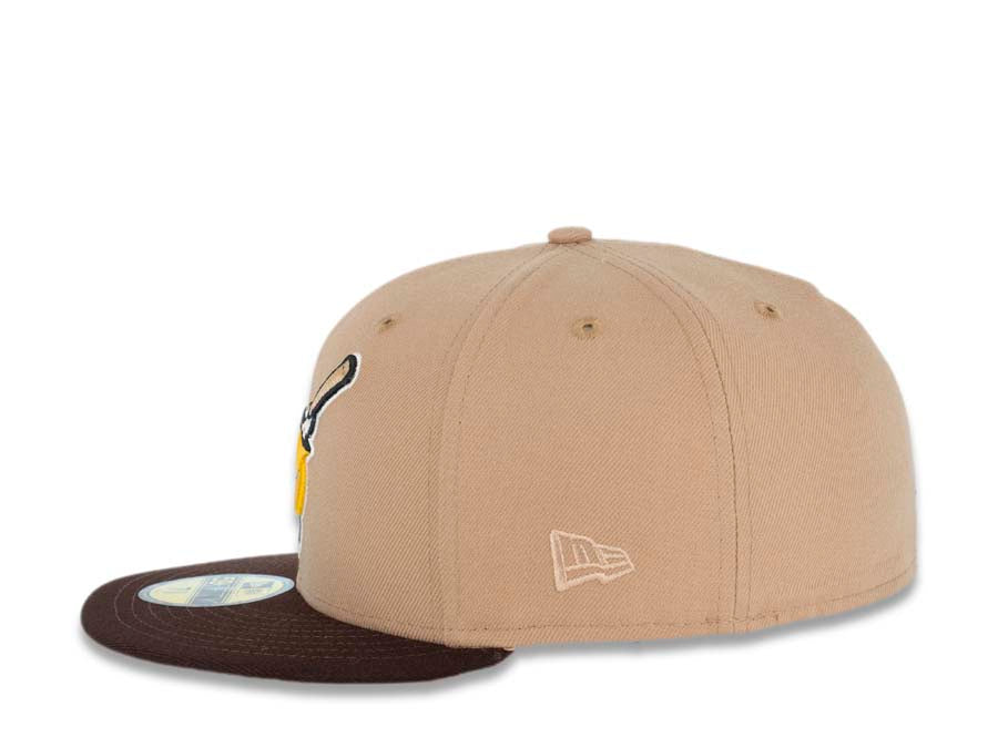 San Diego Padres New Era MLB 59FIFTY 5950 Fitted Cap Hat Camel Crown Brown Visor Yellow/Khaki Swinging Friar Logo 40th Anniversary Side Patch