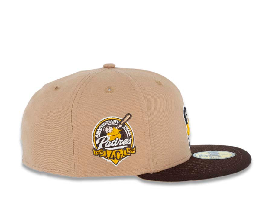 San Diego Padres New Era MLB 59FIFTY 5950 Fitted Cap Hat Camel Crown Brown Visor Yellow/Khaki Swinging Friar Logo 40th Anniversary Side Patch