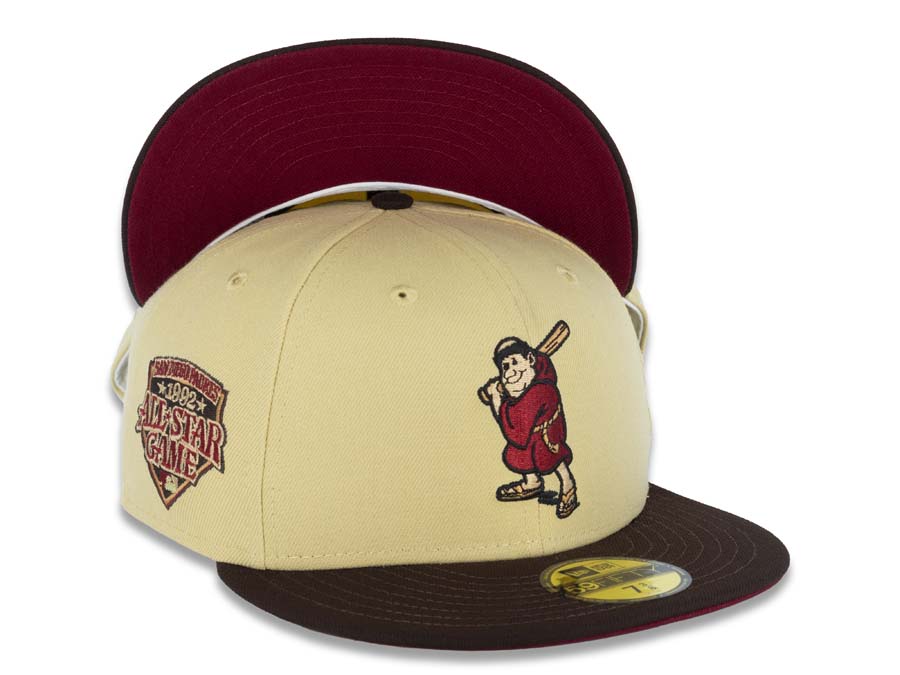 San Diego Padres New Era MLB 5950 Fitted Cap Hat Vegas Gold Crown Brown Visor Cardinal/Khaki Batting Friar Logo 1992 All-Star Game Side Patch