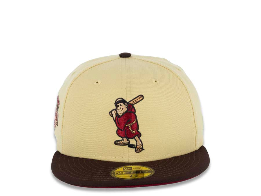 San Diego Padres New Era MLB 5950 Fitted Cap Hat Vegas Gold Crown Brown Visor Cardinal/Khaki Batting Friar Logo 1992 All-Star Game Side Patch