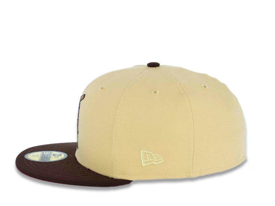 San Diego Padres New Era MLB 5950 Fitted Cap Hat Vegas Gold Crown Brown Visor Cardinal/Khaki Batting Friar Logo 1992 All-Star Game Side Patch