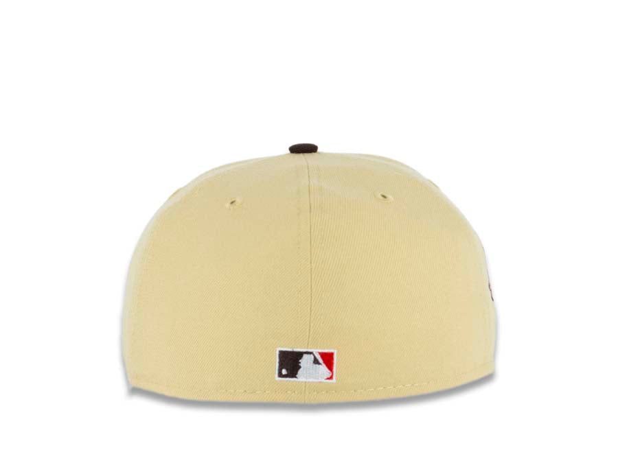 San Diego Padres New Era MLB 5950 Fitted Cap Hat Vegas Gold Crown Brown Visor Cardinal/Khaki Batting Friar Logo 1992 All-Star Game Side Patch