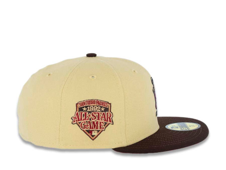 San Diego Padres New Era MLB 5950 Fitted Cap Hat Vegas Gold Crown Brown Visor Cardinal/Khaki Batting Friar Logo 1992 All-Star Game Side Patch