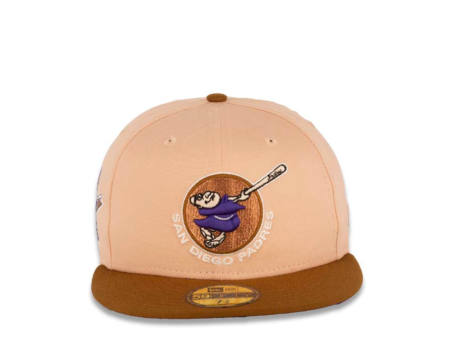 San Diego Padres New Era MLB 59FIFTY 5950 Fitted Cap Hat Peach Crown Brown Visor Purple Swinging Friar Logo 1992 All-Star Game Side Patch Purple UV