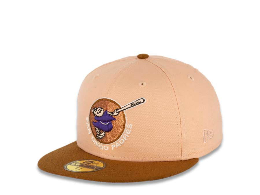 San Diego Padres New Era MLB 59FIFTY 5950 Fitted Cap Hat Peach Crown Brown Visor Purple Swinging Friar Logo 1992 All-Star Game Side Patch Purple UV