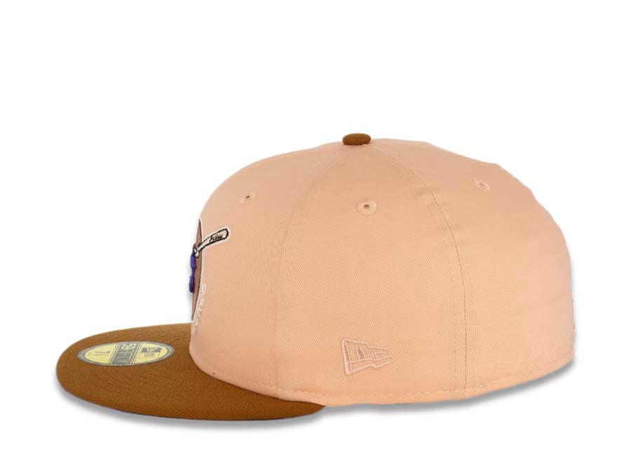 San Diego Padres New Era MLB 59FIFTY 5950 Fitted Cap Hat Peach Crown Brown Visor Purple Swinging Friar Logo 1992 All-Star Game Side Patch Purple UV
