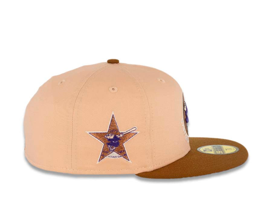 San Diego Padres New Era MLB 59FIFTY 5950 Fitted Cap Hat Peach Crown Brown Visor Purple Swinging Friar Logo 1992 All-Star Game Side Patch Purple UV