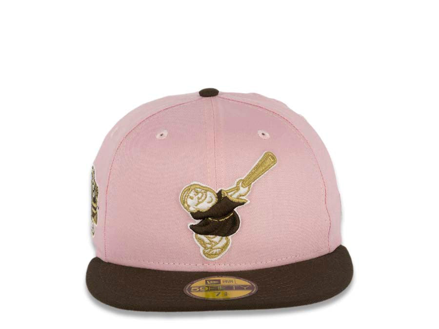 San Diego Padres New Era MLB 59FIFTY 5950 Fitted Cap Hat Pink Crown Brown Visor Brown/Metallic Gold Swinging Friar Logo Stadium Side Patch Cream UV