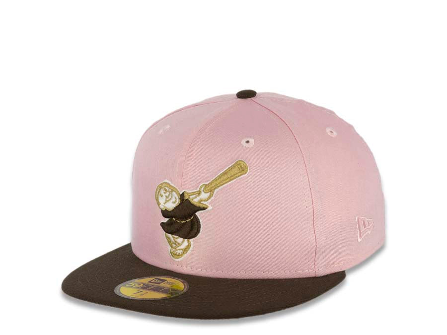 San Diego Padres New Era MLB 59FIFTY 5950 Fitted Cap Hat Pink Crown Brown Visor Brown/Metallic Gold Swinging Friar Logo Stadium Side Patch Cream UV