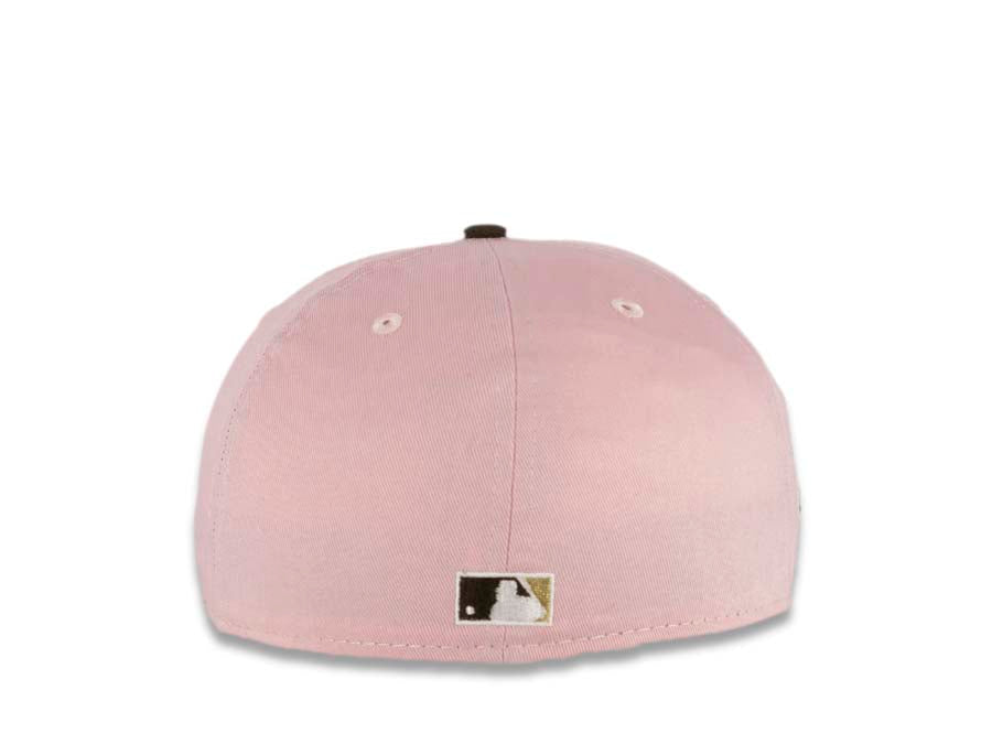 San Diego Padres New Era MLB 59FIFTY 5950 Fitted Cap Hat Pink Crown Brown Visor Brown/Metallic Gold Swinging Friar Logo Stadium Side Patch Cream UV
