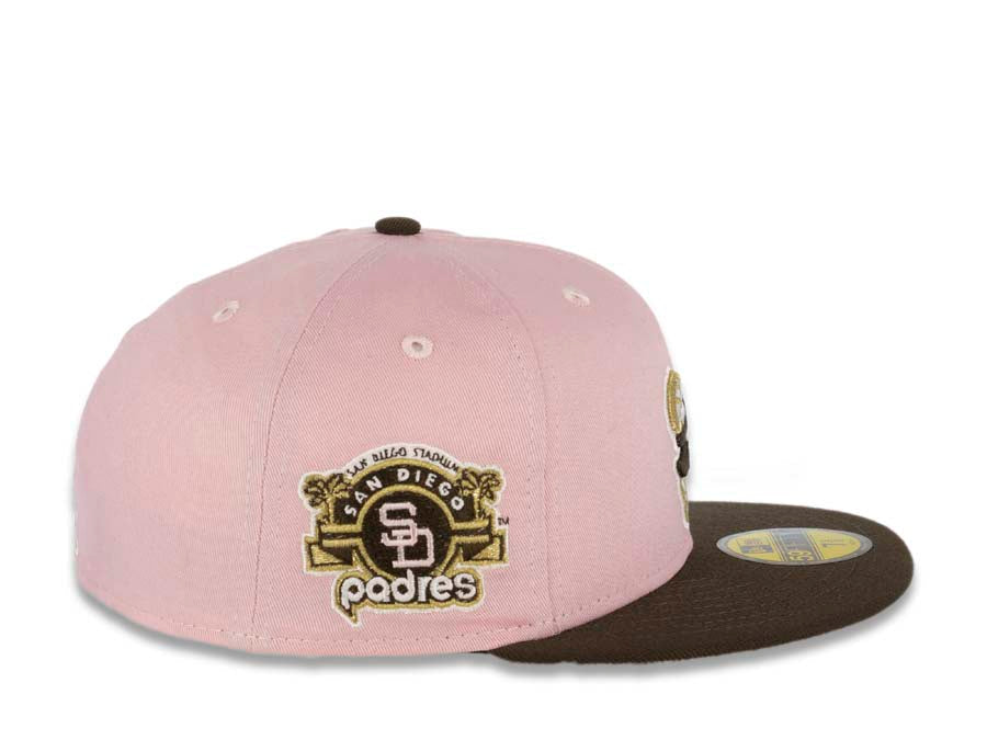 San Diego Padres New Era MLB 59FIFTY 5950 Fitted Cap Hat Pink Crown Brown Visor Brown/Metallic Gold Swinging Friar Logo Stadium Side Patch Cream UV