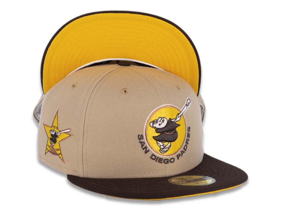 San Diego Padres New Era MLB 59FIFTY 5950 Fitted Cap Hat Camel Crown Dark Brown Visor Brown/Yellow Swinging Friar Logo 1978 All-Star Game Side Patch