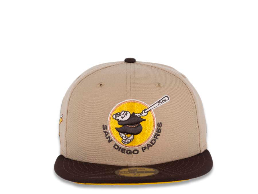 San Diego Padres New Era MLB 59FIFTY 5950 Fitted Cap Hat Camel Crown Dark Brown Visor Brown/Yellow Swinging Friar Logo 1978 All-Star Game Side Patch