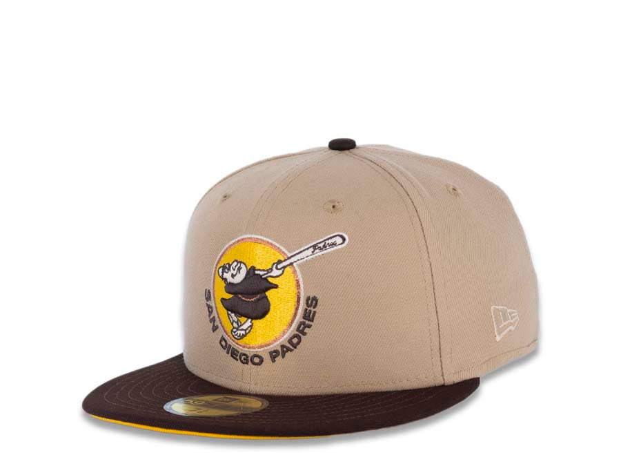 San Diego Padres New Era MLB 59FIFTY 5950 Fitted Cap Hat Camel Crown Dark Brown Visor Brown/Yellow Swinging Friar Logo 1978 All-Star Game Side Patch