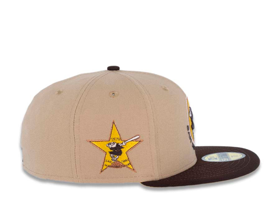 San Diego Padres New Era MLB 59FIFTY 5950 Fitted Cap Hat Camel Crown Dark Brown Visor Brown/Yellow Swinging Friar Logo 1978 All-Star Game Side Patch