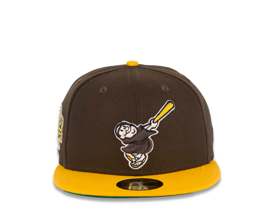 San Diego Padres New Era MLB 59FIFTY 5950 Fitted Cap Hat Brown Crown Yellow Visor Brown/Yellow Swinging Friar Logo Stadium Side Patch Green UV