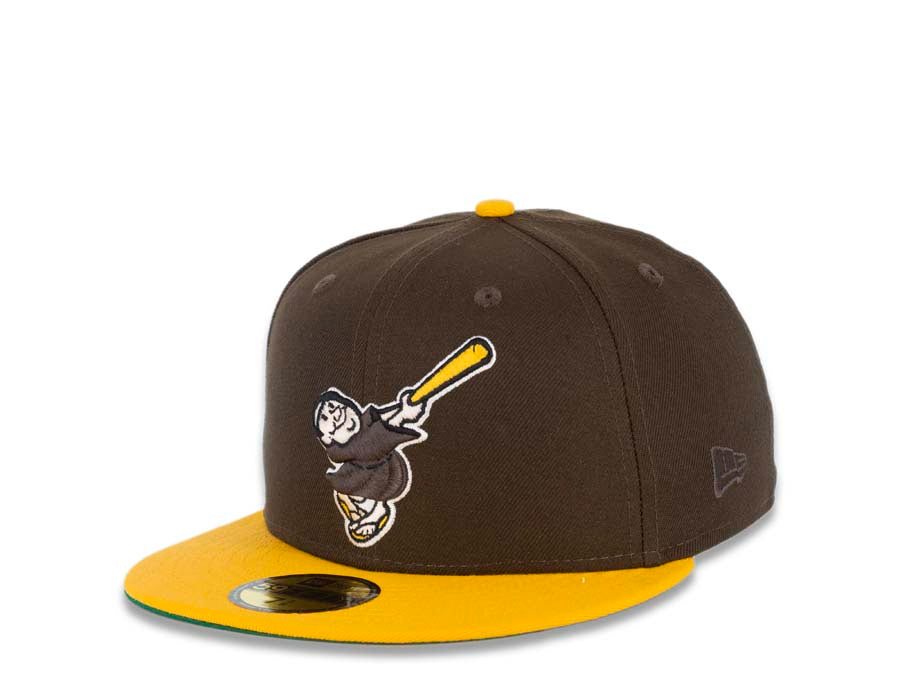 San Diego Padres New Era MLB 59FIFTY 5950 Fitted Cap Hat Brown Crown Yellow Visor Brown/Yellow Swinging Friar Logo Stadium Side Patch Green UV