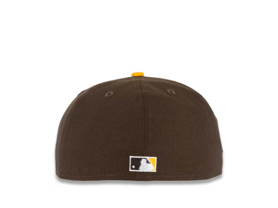 San Diego Padres New Era MLB 59FIFTY 5950 Fitted Cap Hat Brown Crown Yellow Visor Brown/Yellow Swinging Friar Logo Stadium Side Patch Green UV