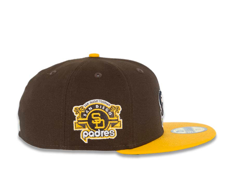 San Diego Padres New Era MLB 59FIFTY 5950 Fitted Cap Hat Brown Crown Yellow Visor Brown/Yellow Swinging Friar Logo Stadium Side Patch Green UV