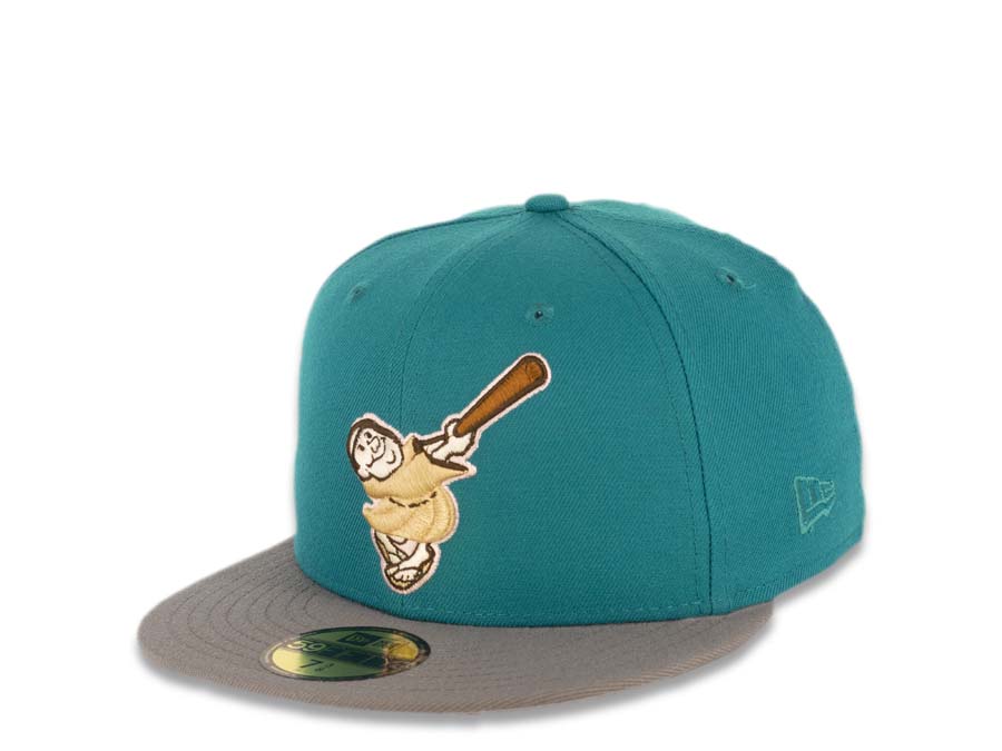 San Diego Padres New Era MLB 59FIFTY 5950 Fitted Cap Hat Teal Crown Gray Visor Wheat/Brown Swinging Friar Logo 40th Anniversary Side Patch Gray UV