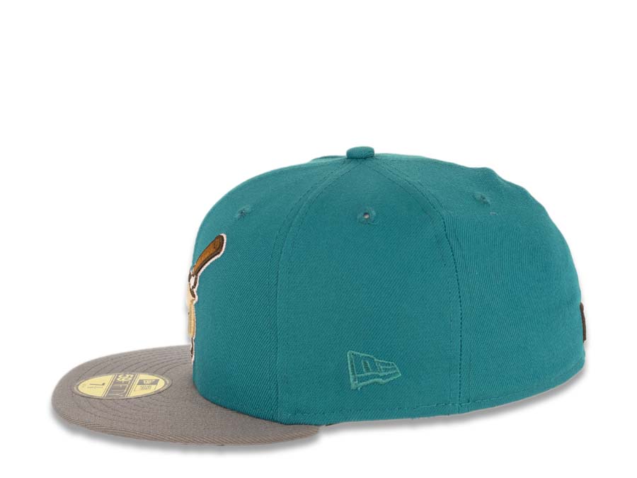 San Diego Padres New Era MLB 59FIFTY 5950 Fitted Cap Hat Teal Crown Gray Visor Wheat/Brown Swinging Friar Logo 40th Anniversary Side Patch Gray UV