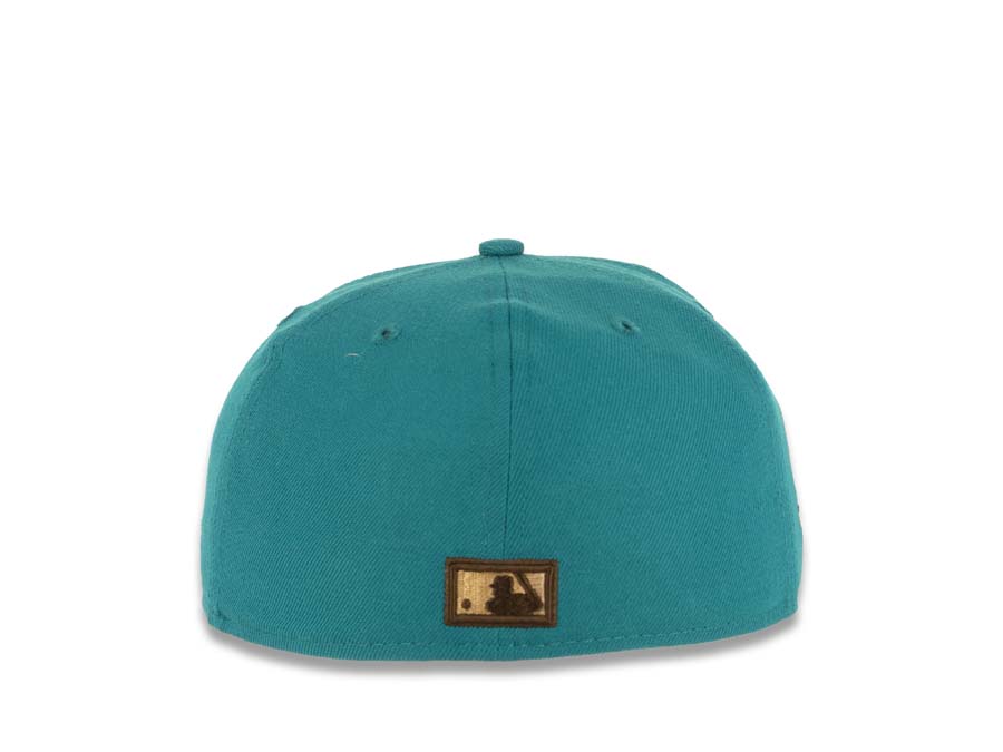 San Diego Padres New Era MLB 59FIFTY 5950 Fitted Cap Hat Teal Crown Gray Visor Wheat/Brown Swinging Friar Logo 40th Anniversary Side Patch Gray UV