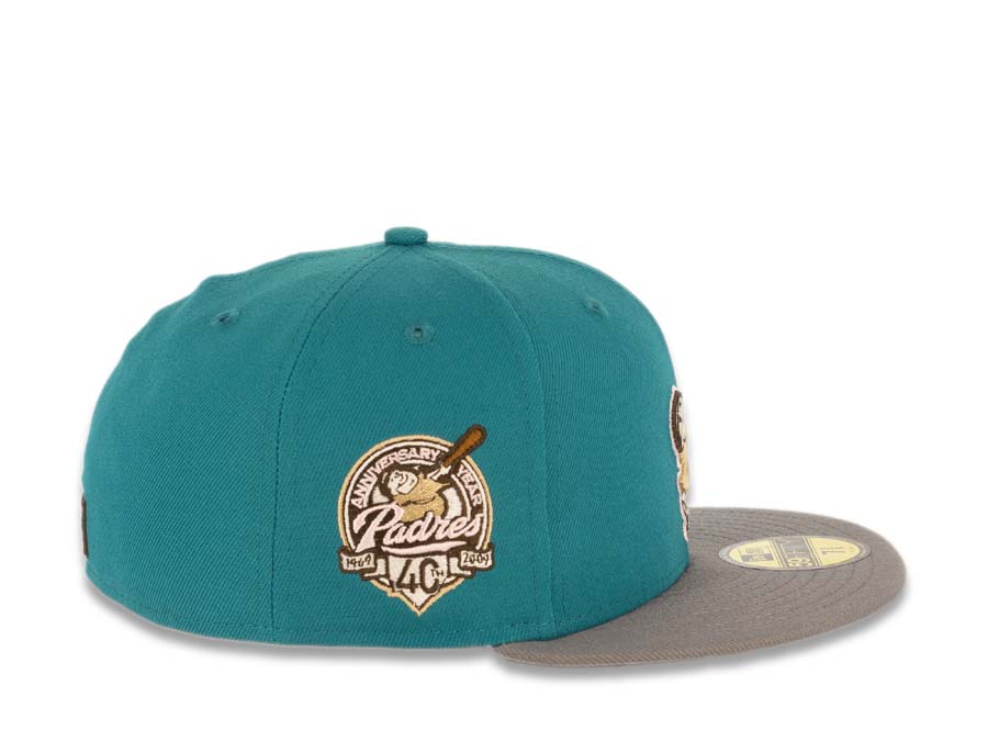 San Diego Padres New Era MLB 59FIFTY 5950 Fitted Cap Hat Teal Crown Gray Visor Wheat/Brown Swinging Friar Logo 40th Anniversary Side Patch Gray UV